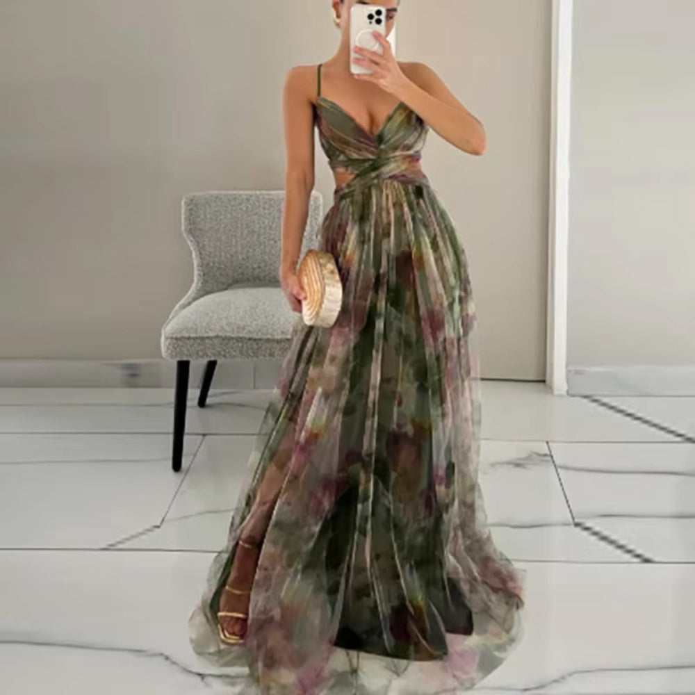 Elegant Print Pleated Mesh Evening Dress Sexy off Shoulder Ins Vacation Long Dress Summer V Neck High Waist Backless Sling Dress