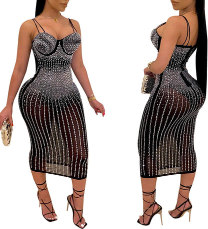 Women Long Sleeve Birthday Dresses Sexy Hot Diamond Process Sexy Dress Party Club Night Dress