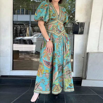 Lantern Sleeve V Neck Maxi Dress