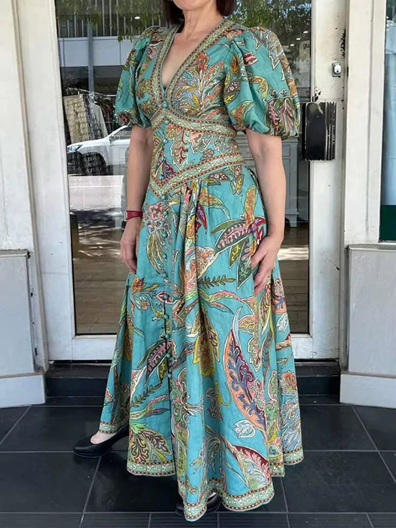 Lantern Sleeve V Neck Maxi Dress