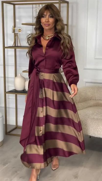 Striped Lace-Up Abaya Dress for Modern Muslim Women