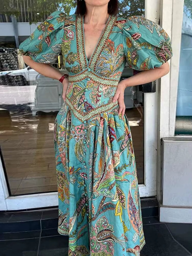 Lantern Sleeve V Neck Maxi Dress