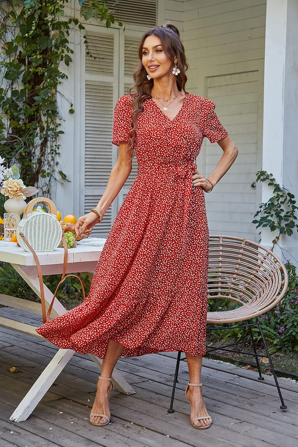 Women'S Summer Floral Boho Maxi Dress Short Sleeve Wrap V Neck Ruffle Long Flowy Beach Wedding Guest Dresses