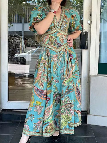Lantern Sleeve V Neck Maxi Dress