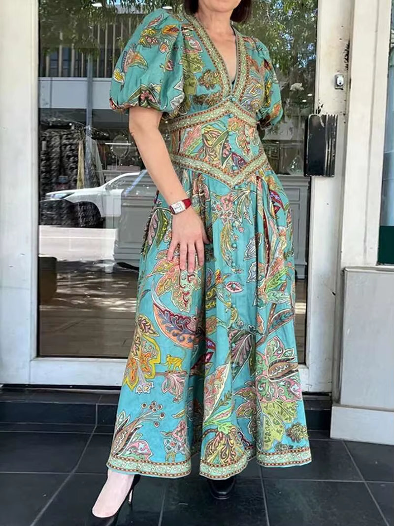 Lantern Sleeve V Neck Maxi Dress